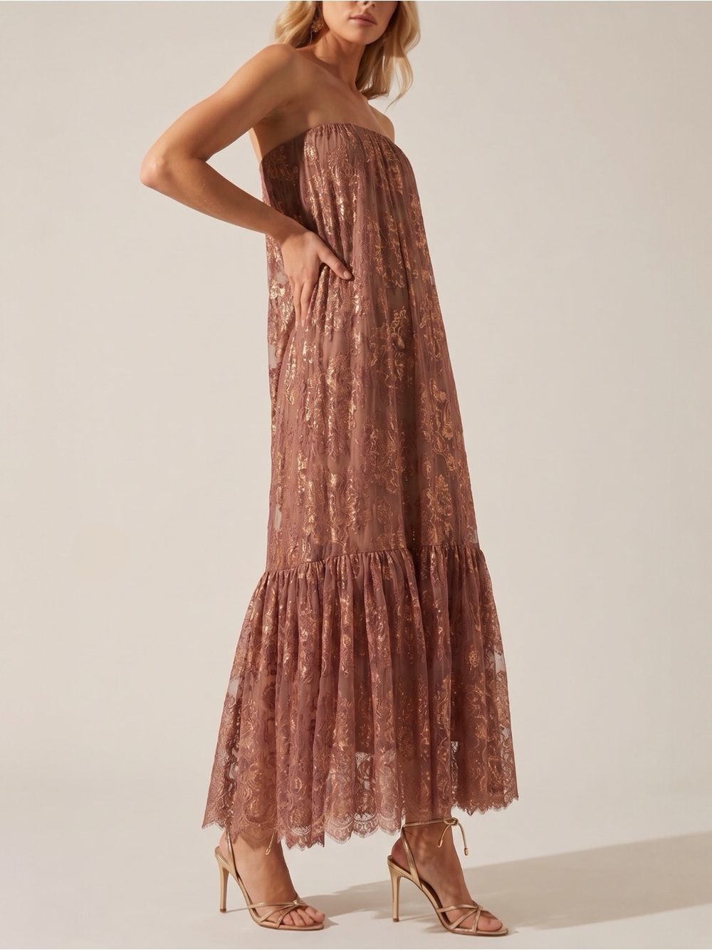 Helsi Cara Women’s Strapless Metallic Burgundy Gold Lace Maxi Dress Size XS NEW - Picture 4 of 12